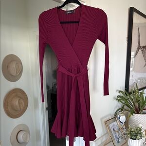 New Lulu's Ribbed Wrap Dress in Burgundy
